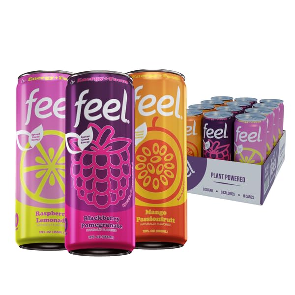 FEEL Zero Sugar Energy Drink Variety Pack - Blackberry Pomegranate, Mango Passionfruit, Raspberry Lemonade, 12 Fl Oz Cans (12-Pack)