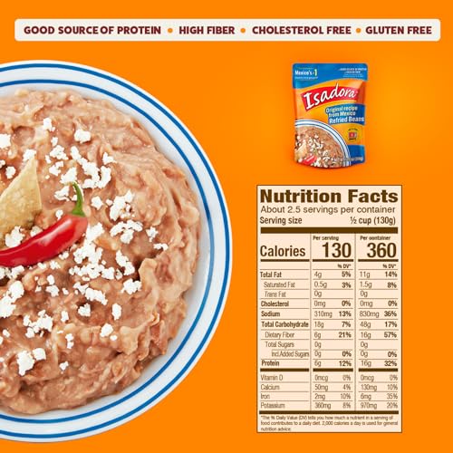 Isadora Original Refried Beans in Pouch (Pack of 14), Delicious Refried Pinto Beans, Microwave Food Premade Meals, Plant Based P