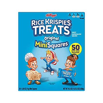 Kelloggs, Rice Krispies Treats Crispy Marshmallow Mini-Squares, Original, Single Serve, Display Box Caddy, 0.39 oz Bars (50 Cou