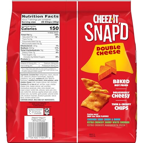Cheez-It Snapd Cheese Cracker Chips, Thin Crisps, Lunch Snacks, Double Cheese, 7.5oz Bag (1 Bag)