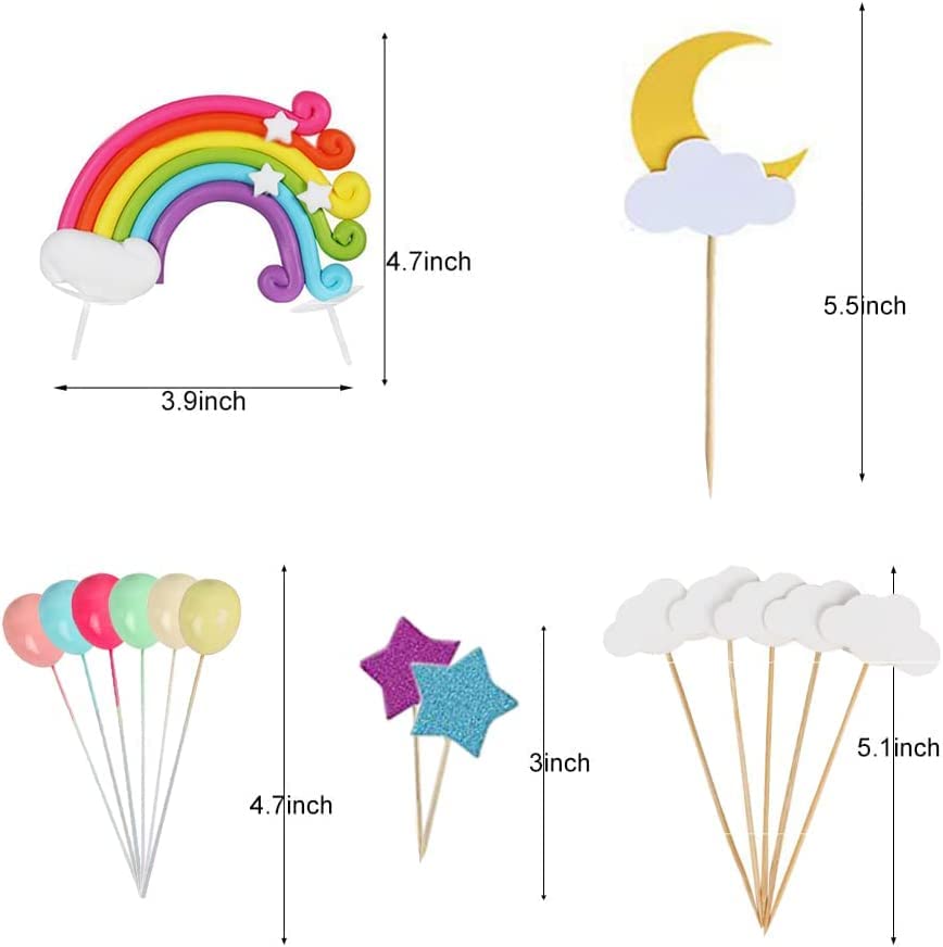 Blingabc Rainbow Cloud Cake Topper, 15Pcs Colorful Rainbow Soft Pottery Cake Toppers Set With Colorful Balls Cloud Moon Stars Ca