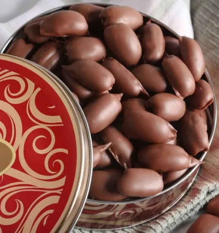 Fresh Milk Chocolate Covered Pecans In Beautiful Gift Tin Basket | Mascot Pecan Candy Kitchen Since 1955_Ab