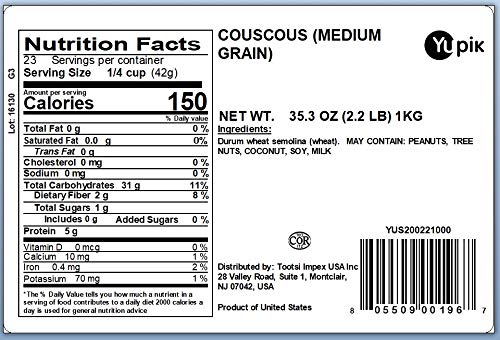 Yupik Couscous Medium Grain, 2.2 lb (35.2 oz), Kosher, Vegan, Low-Calorie Grain, Nutty Flavour, Rich in Protein & Fiber, Perfect