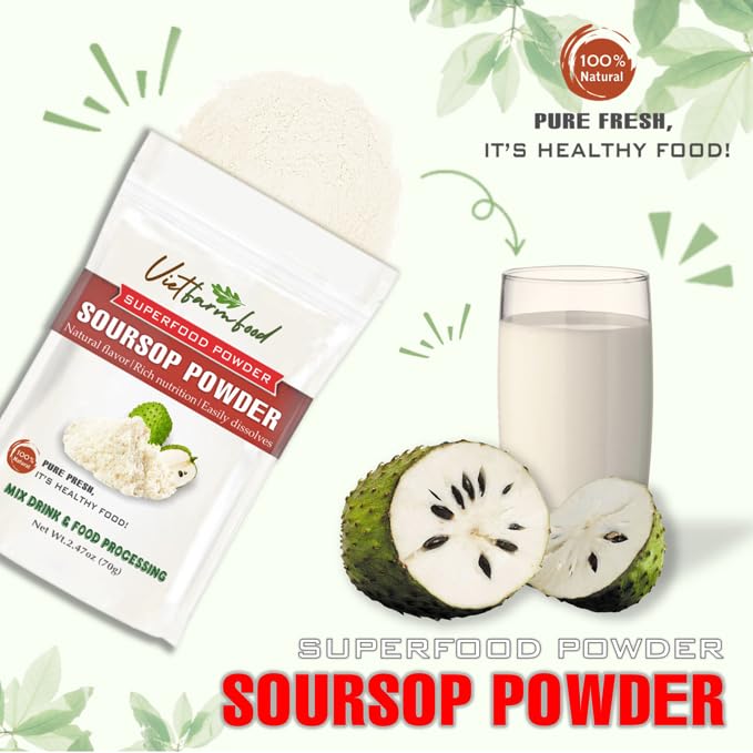 VIETFARMFOOD Soursop Powder 2.47 Oz (70g) - 100% Pure, Sugar-Free Freeze-Dried Extract for Smoothies, Cocktails, and Baking.