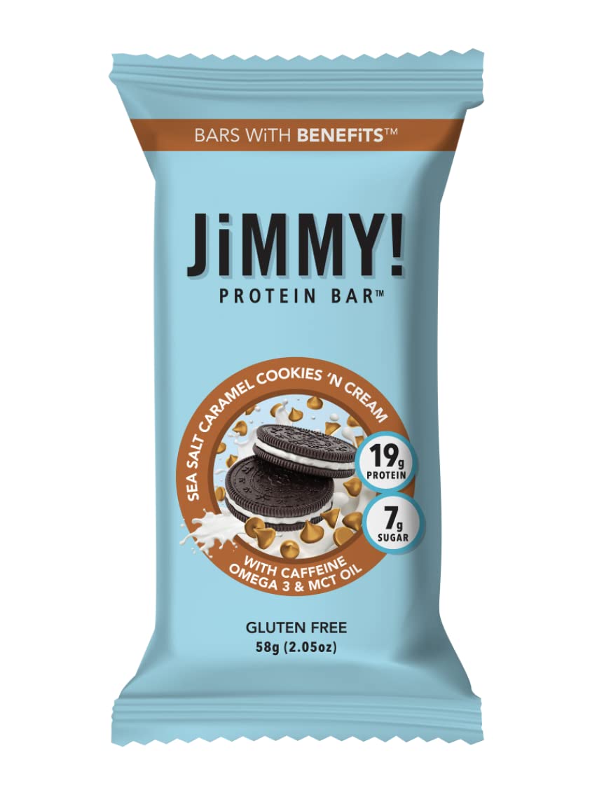 Jimmybar! - Sea Salt Caramel Cookies N Cream - 19G High Protein Bars - 7G Sugar - 12 Count - 58G Health Bars - Natural Peanut Butter Core - Caffeinated Protein Bar For Energy- Hand Drizzled Chocolate
