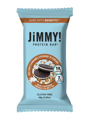 Jimmybar! - Sea Salt Caramel Cookies N Cream - 19G High Protein Bars - 7G Sugar - 12 Count - 58G Health Bars - Natural Peanut Butter Core - Caffeinated Protein Bar For Energy- Hand Drizzled Chocolate