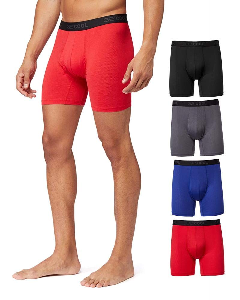 32 DEgREES cOOL Mens 4-PAcK Active Mesh Quick Dry Performance Boxer Brief, BlackcharBlueFire, Medium