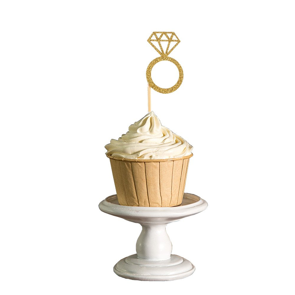 50 Pack Cupcake Toppers Gold Glitter Mini Diamond Ring Cakes Toppers For Marriage Engagement Anniversary Birthday Valentines Party Cake Decor