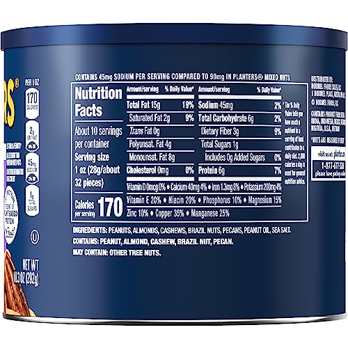 PLANTERS Lightly Salted Mix Nuts  Party Snacks  Plant-Based Protein  10 Oz Canister