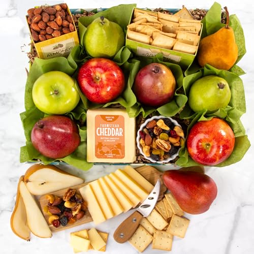 A Gift Inside Classic Fresh Fruit Basket Gift with Crackers, Cheese and Nuts for Holiday, Thank You, Birthday, Get Well, Anniver