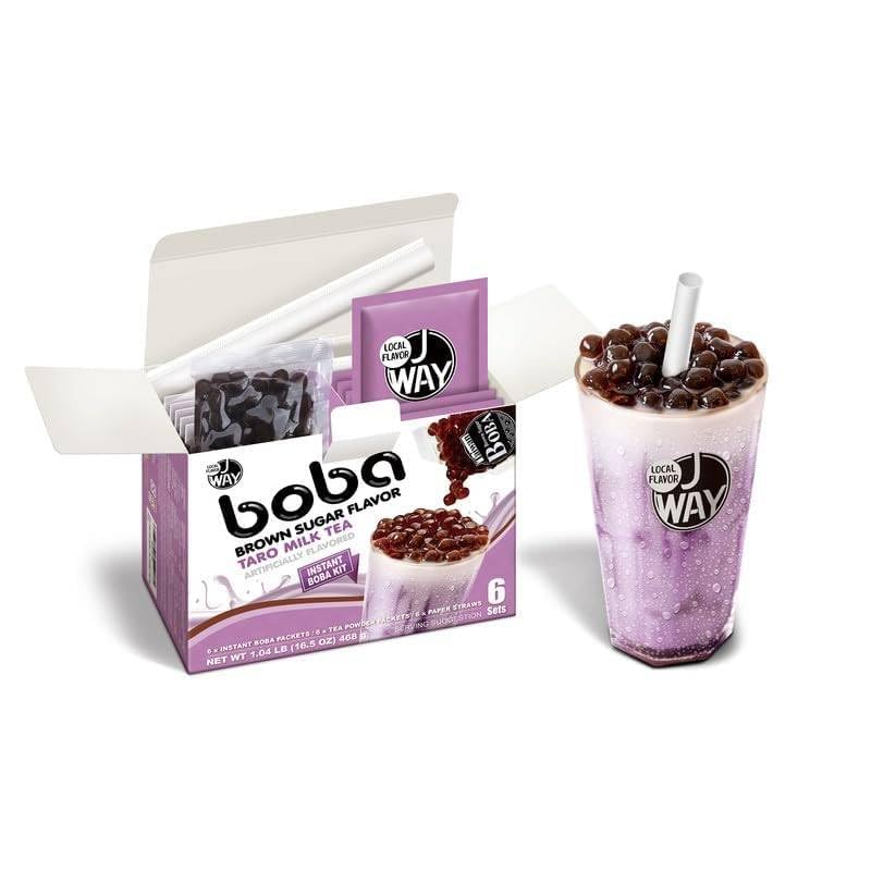 J WAY Instant Boba Taro Milk Tea Kit - Authentic Brown Sugar Tapioca Boba, 16.5 Ounce, 6 Servings, Paper Straws Included