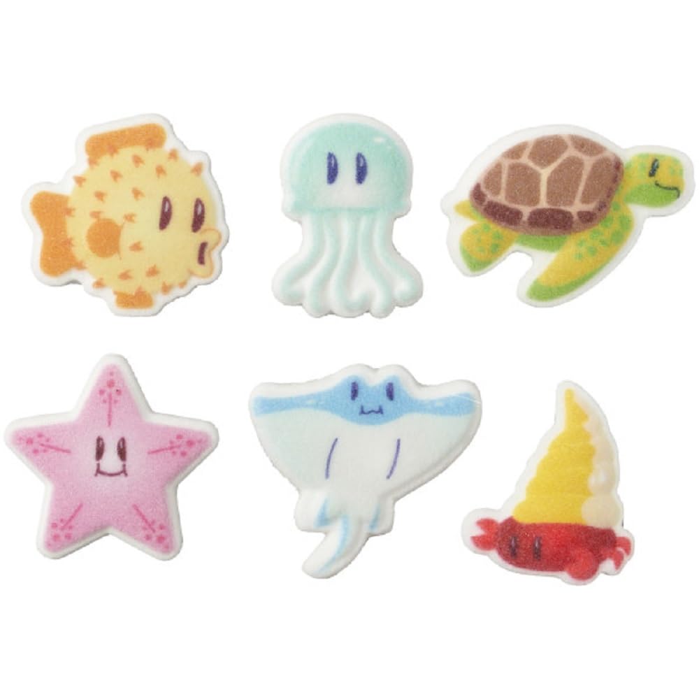 Sea Friends - Hermit Crab, Starfish, Pufferfish, Stingray, and Jellyfish Edible Sugar Cake Toppers, 12 Count