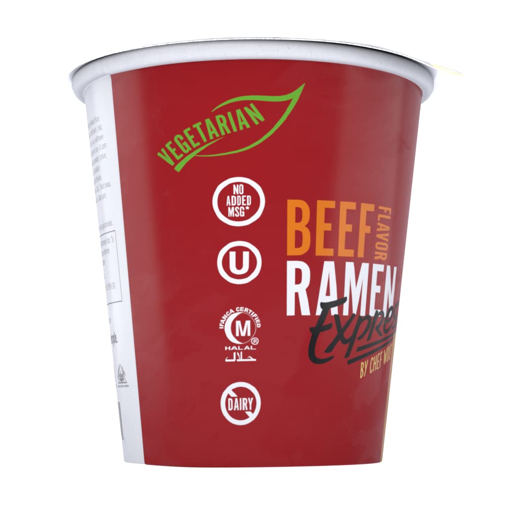 RAMEN EXPRESS Beef Flavor Ramen Cup Noodle, 2.25 Oz Each (Pack Of 12) by Chef Woo | Vegetarian Ramen Noodles | No Added MSG | Ha