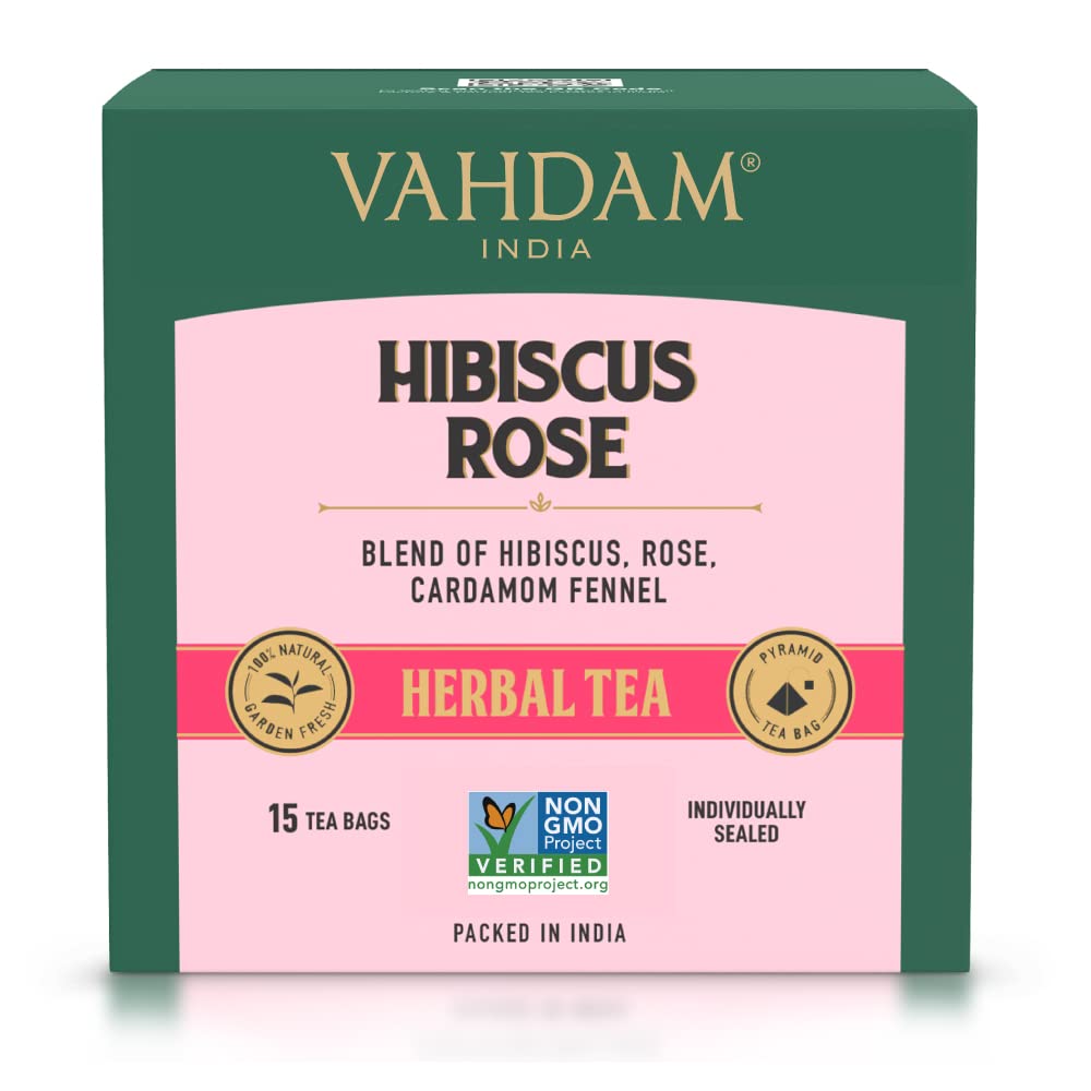 Vahdam, Hibiscus Flowers Herbal Tea Bags (15 Count) Caffeine Free, Non Gmo, Gluten Free Hibiscus Tea | Floral Flavor Tisane - Hibiscus Rose Petals & Exotic Spices | Resealable Ziplock Pouch