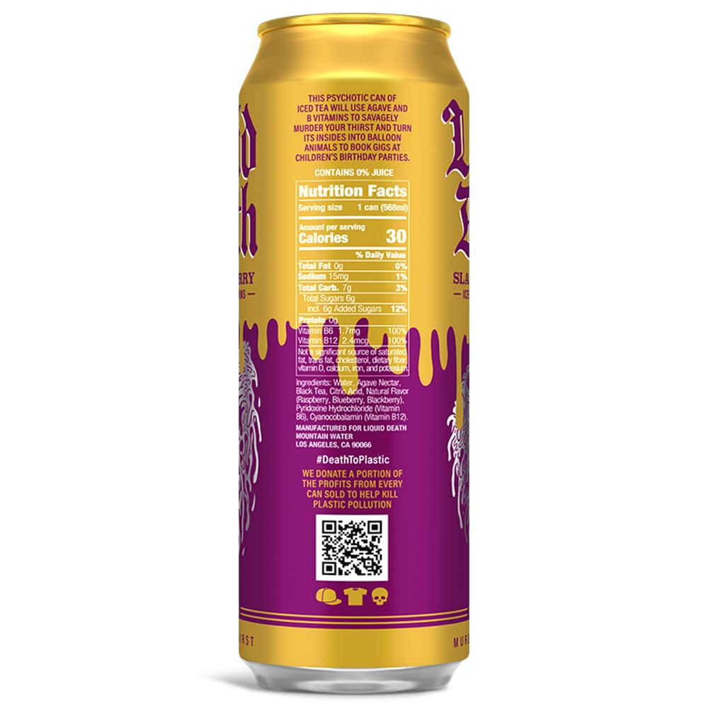Liquid Death Slaughter Berry Iced Tea, Raspberry Black Tea, Low Calorie, 8-Pack (19.2oz Cans)