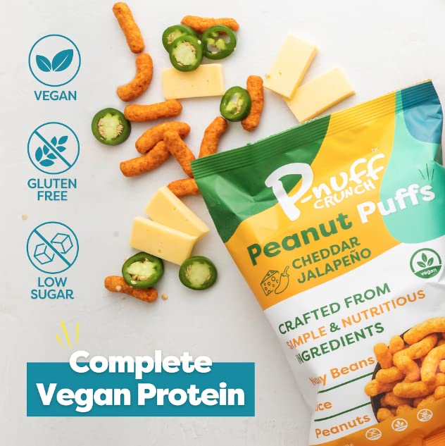 P-Nuff Crunch Peanut Puffs, Cheddar Jalapeno, 4oz Bag, Keto, Gluten Free, 20g Vegan Protein, 6-Pack