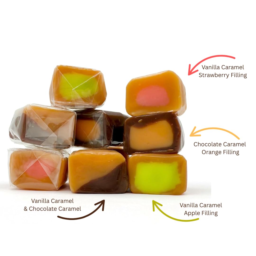 LYZAS SWEETS &   Caramel Cubes Candy Mix - Assorted Creamy Chews, 5 LBS, Individually Wrapped, Vanilla, Chocolate, Apple, Strawberry