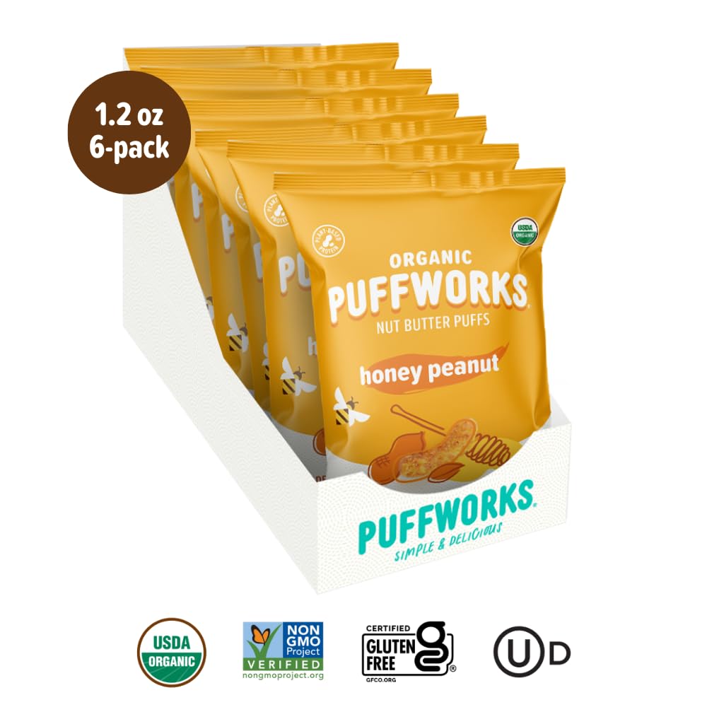 Puffworks Honey Organic Peanut Butter Puffs, 1.2 Ounce (Pack of 6), Plant-Based Protein Snack, Gluten-Free, Dairy Free, Kosher