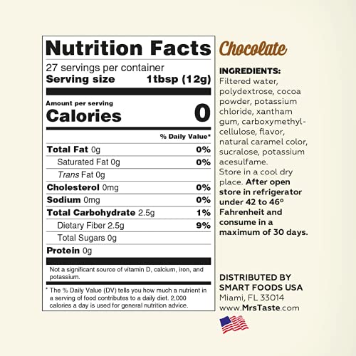 Mrs Taste Sugar Free Chocolate Syrup, Zero Calories, Zero Sodium, Zero Sugar, High Fiber, Keto Friendly, Paleo Friendly, Condime