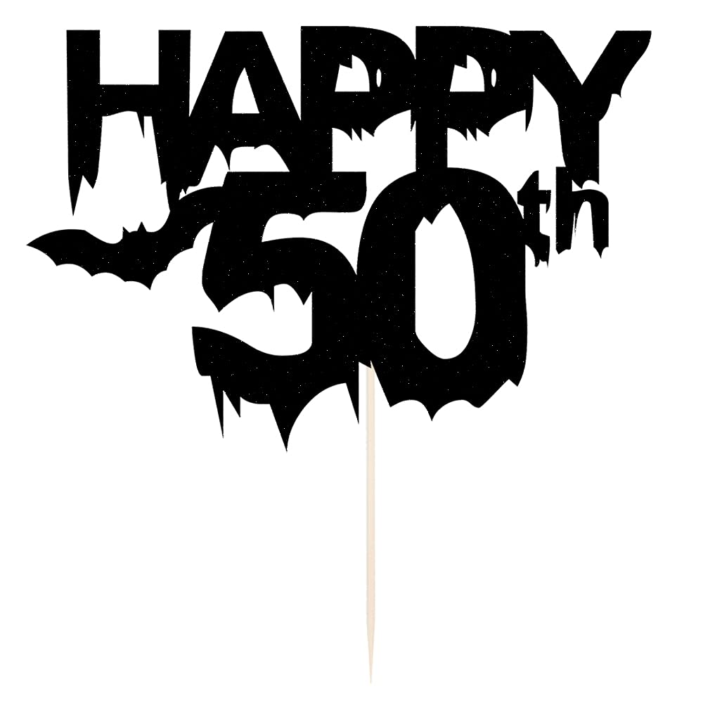 Qertesl Black Glitter Happy 50 Cake Topper, Happy 50Th Birthday Cake Decoration, Bat Halloween 50Th Birthday Party Cake Decorati