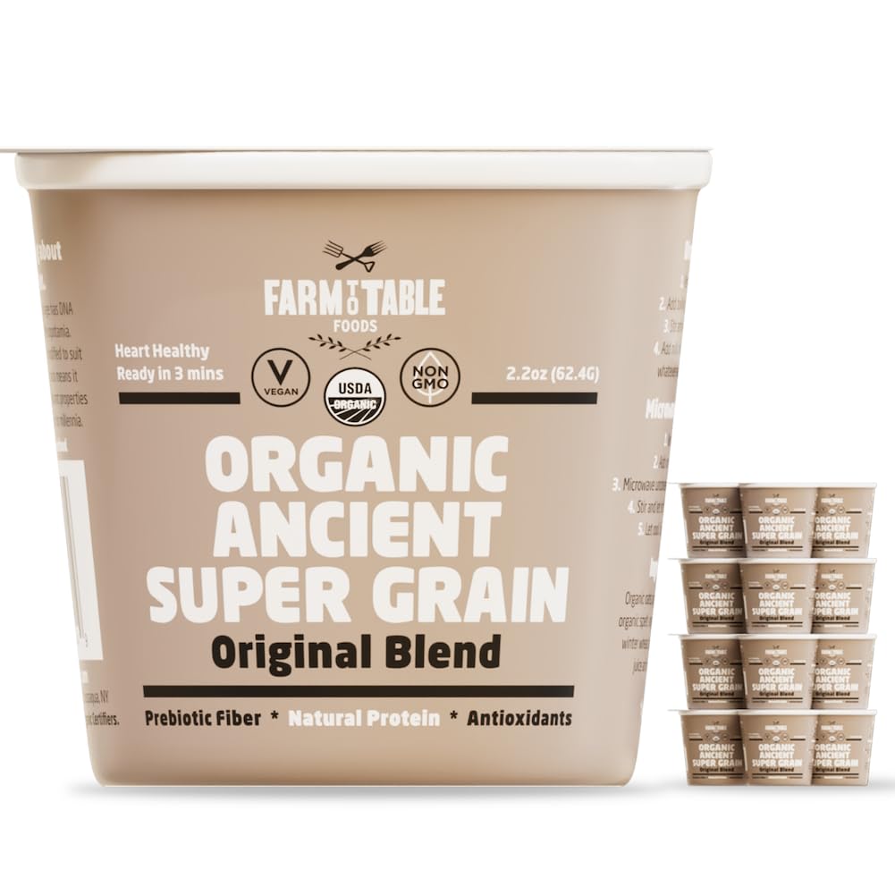 Farm to Table Foods Organic Ancient Super Grain Oatmeal Individual Serving Cups, Original Blend - High Protein, Non-GMO, 12 Pack