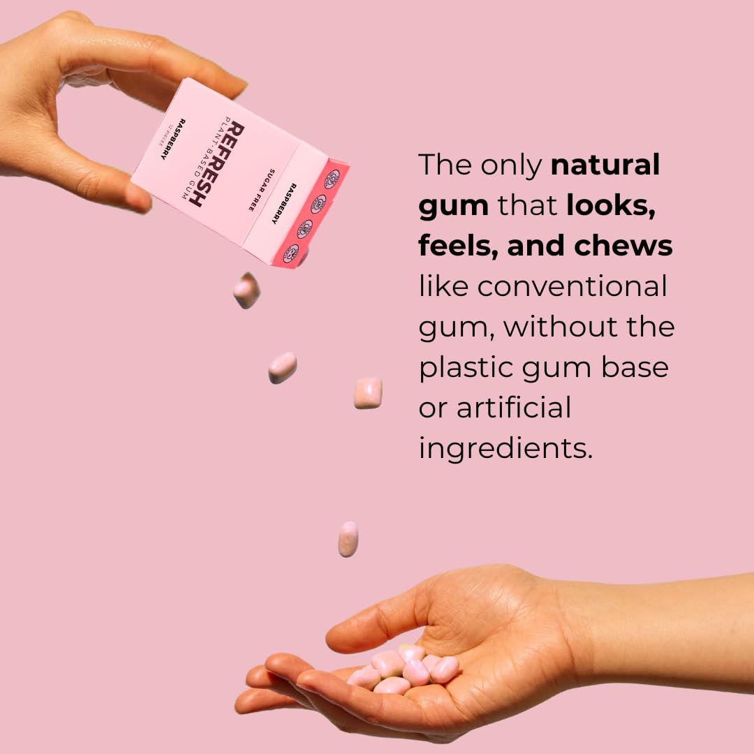 Refresh Gum, Sugar Free, Natural, Xylitol, Long Lasting Chewing Gum, Natural Flavors & Organic Ingredients, Plant-Based, Plastic