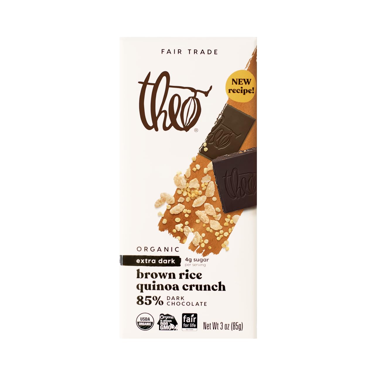 Theo Chocolate Brown Rice Quinoa Crunch Organic Dark Chocolate Bar, 85% Cacao, 6 Pack | Vegan, Fair Trade