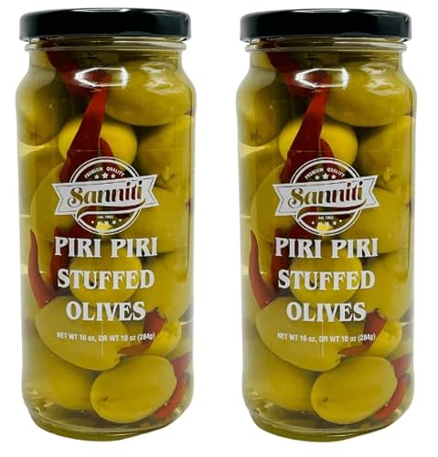 Sanniti Piri Piri Peppers Stuffed greek Olives Net Weight 16 oz - Drained Weight 10 oz (Pack of 2)