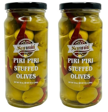 Sanniti Piri Piri Peppers Stuffed greek Olives Net Weight 16 oz - Drained Weight 10 oz (Pack of 2)