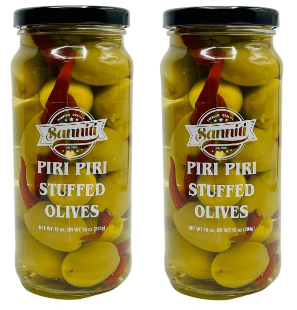 Sanniti Piri Piri Peppers Stuffed greek Olives Net Weight 16 oz - Drained Weight 10 oz (Pack of 2)