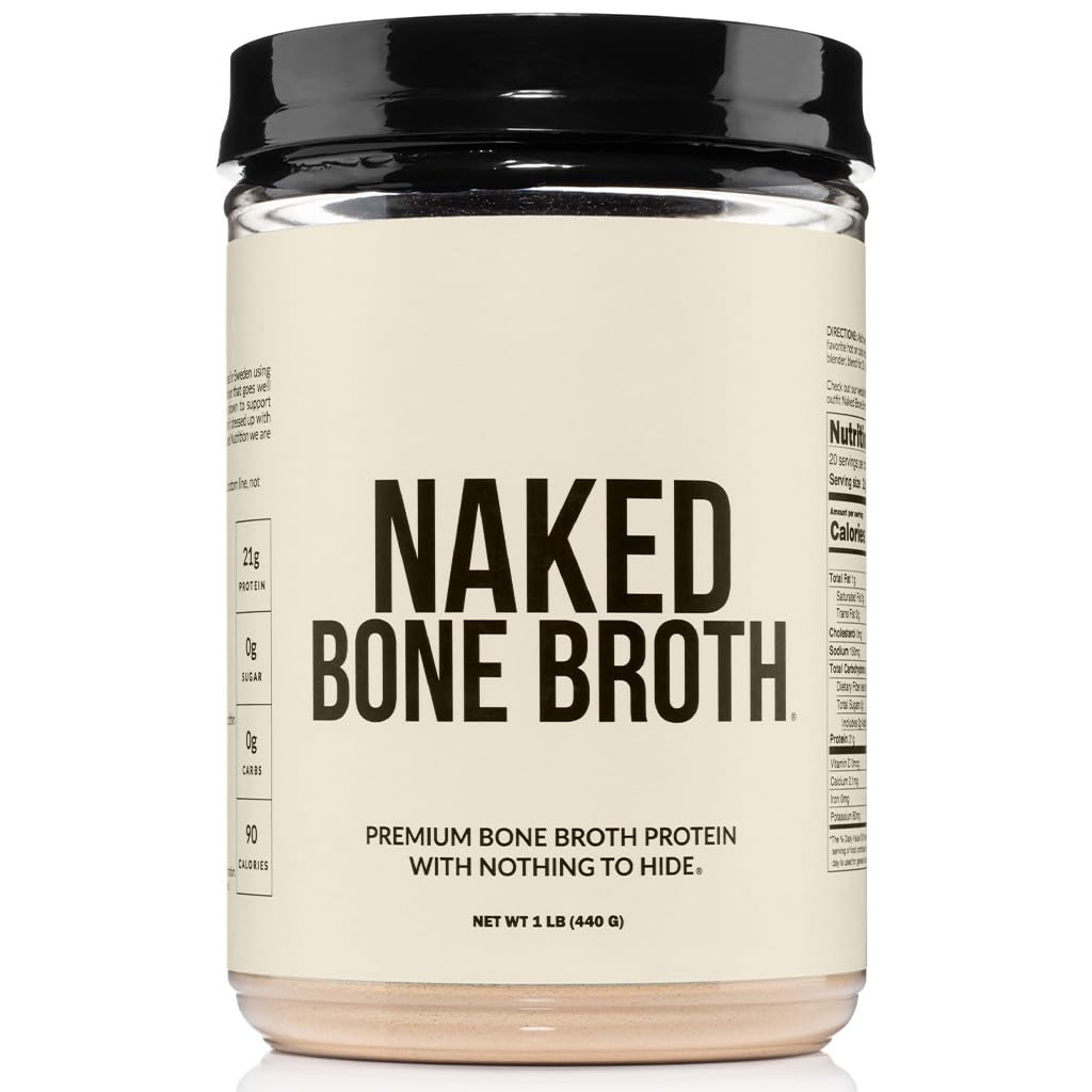 NAKED Bone Broth - Beef Bone Broth Protein Powder - 21G Protein  17G Collagen - Gut Health and Joint dietary product - Unflavored - No GMO  Gluten-Free  Soy Free - 1LB
