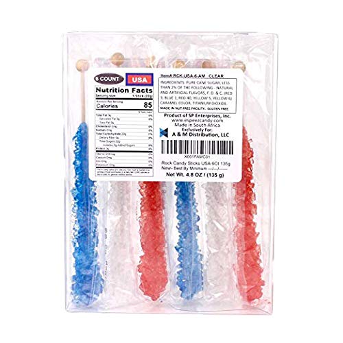 Espeez Extra Large Rock Candy Sticks - 6 Count - Red, White, Blue - Individually Wrapped for Candy Buffets, Birthdays, Weddings