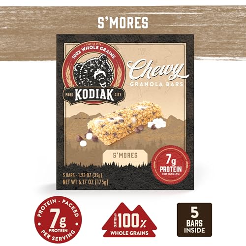 Kodiak Cakes Chewy Granola Snack Bars, S'Mores, High Protein, 100% Whole Grains, 12 Boxes With 5 Bars Each (60 Bars Total)