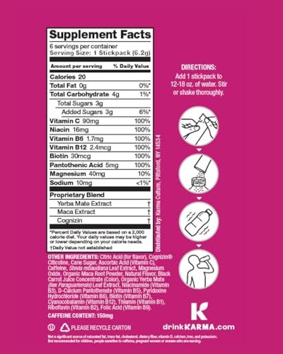 Karma Energy Hydration Packets - 6 Pack  Raspberry Peach Drink Mix with Cognizin Nootropics  Vitamins & Immune Support  Low Calorie