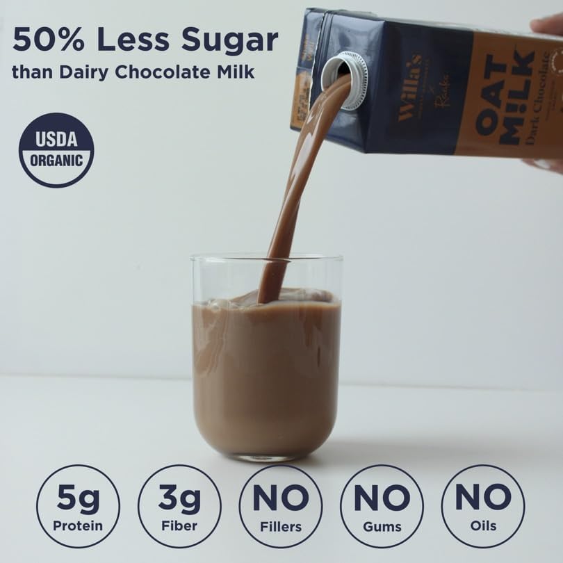 Willas Organic Oat Milk - Chocolate Unsweetened Cacao Oatmilk, Non-GMO, Shelf Stable, Low Sugar, Non-Dairy Milk, Made from Whol
