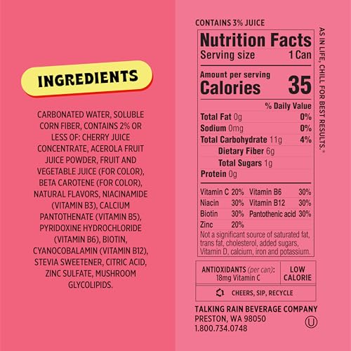 Popwell Cherry Citrus Prebiotic Soda, 12 Fl Oz Cans (Pack of 12) - 6g Fiber, 1g Sugar, Vitamins & Immunity Support