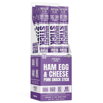 Wicked Cutz Ham Egg and Cheese Stick  12g Protein Per Gluten Free Breakfast Stick  USA Made High Protein Carnivore Snacks  Breakfast Meat Sticks (12 Sticks)