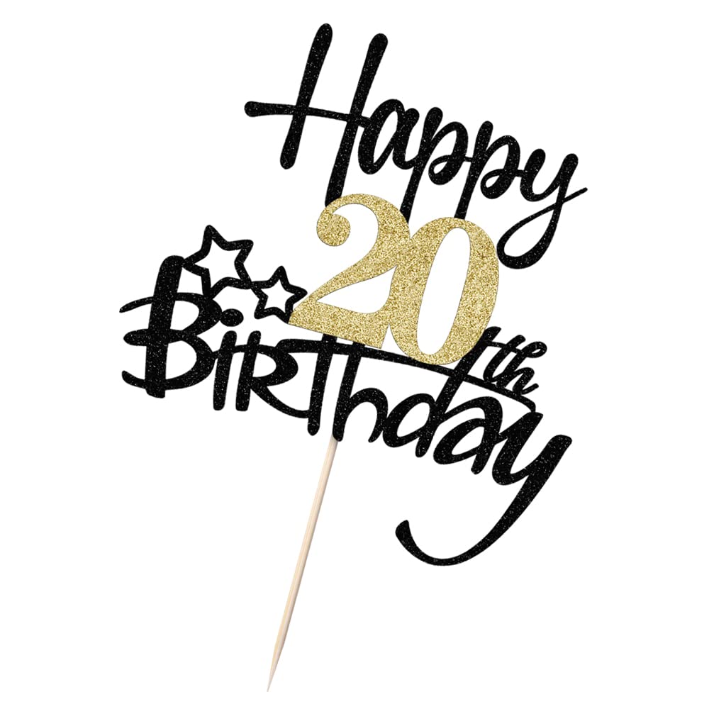 Kaoenla Black Gold Glitter Happy 20Th Birthday Cake Topper - Hello 20/Cheers20,Happy Twenty Birthday Anniversary,20 Years Old Bi