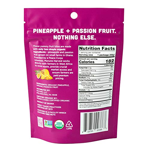 Mavuno Harvest Organic Fruit Snacks - Chewy Fruit Bites - Healthy Food For Kids & Adults - Ethically Sourced, Non-Gmo, No Preservatives - Pineapple & Passionfruit - 1.94-Oz. Snack Packs, Pack Of 8