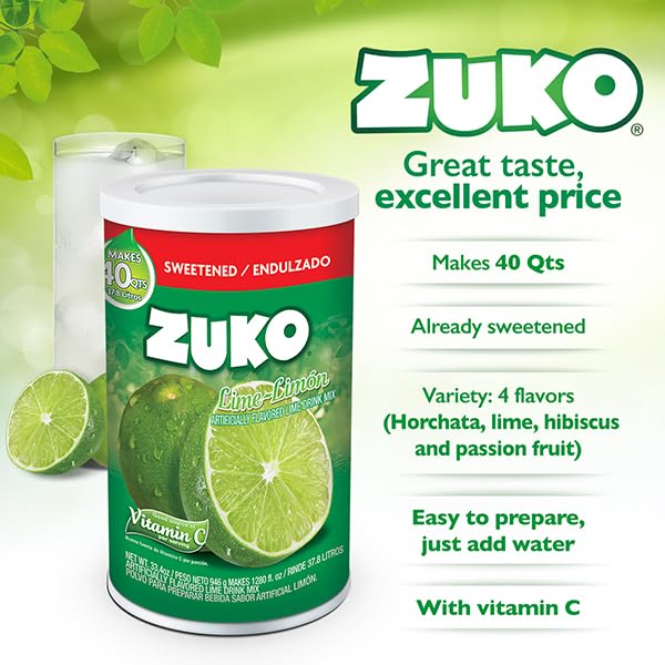 Zuko Lime Instant Powder Drink, Canister, No Sugar Needed, 33.4 Oz (Pack Of 1)