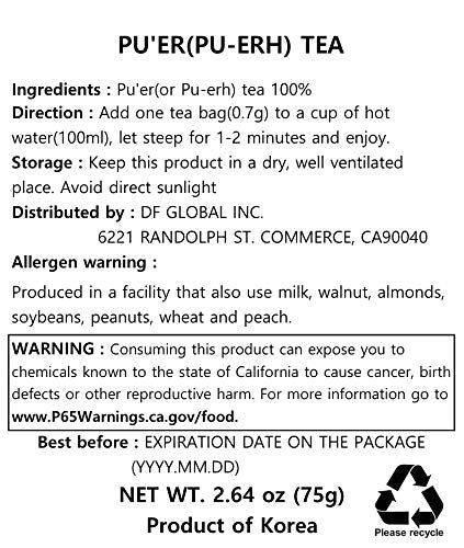 Damtuh Premium PUER Tea Bags, 50 Count, Pack of 1