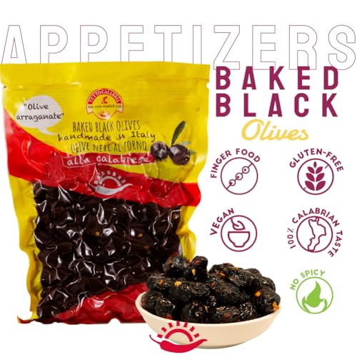 TUTTOCALABRIA Baked Oven Roasted Black Olives with Pits, Semi Dried Black Olives, 460 gm (16.22 oz), Olives al Forno, Handmade i