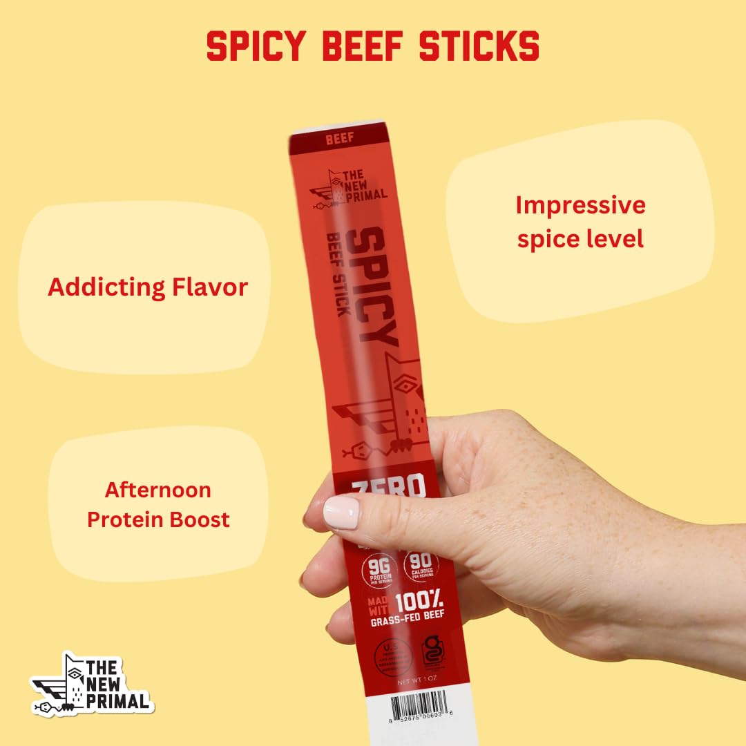 The New Primal Grass-Fed Spicy Beef Sticks, Keto, Gluten Free Healthy Snacks for Adults, Sugar Free Low Carb High Protein Snack,