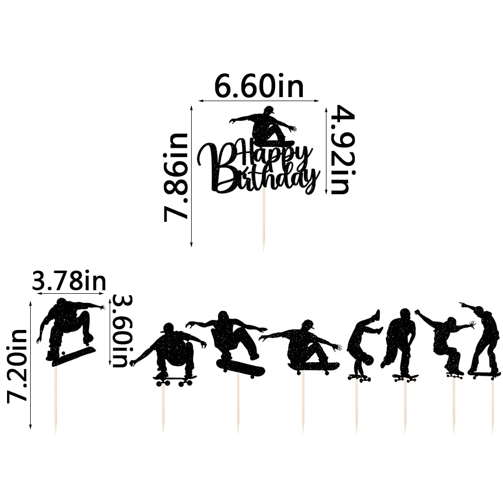 Lveud 7Pcs Skateboard Happy Birthday Cake Topper,Black Glitter Happy Birthday Skateboard Cake Topper For Skateboard Birthday Par