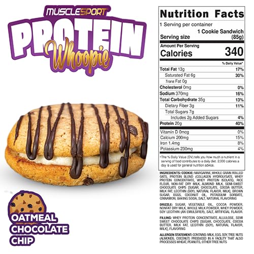 Musclesport Protein Whoopies - High Protein Cookies, Oatmeal Chocolate Chip, 6 Pack Box, 3 Ounce