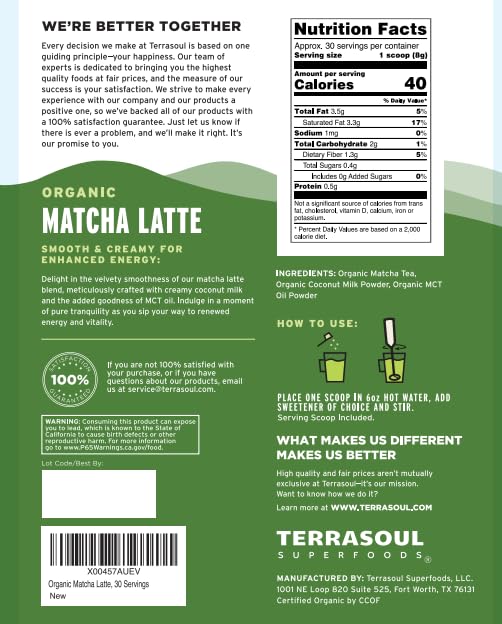 Terrasoul Superfoods Organic Matcha Latte - Premium Grade, Vegan & Dairy-Free - 8.47Oz