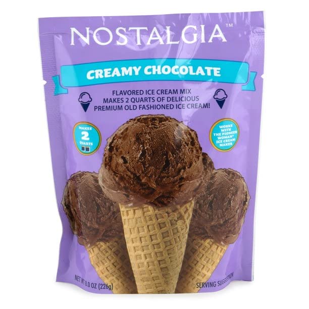 Nostalgia Ice Cream Mix. Vanilla Creme, Creamy Chocolate, Sweet Strawberry And Chocolate Chips Cookie Dough. Each Pocket Of 8 Oz