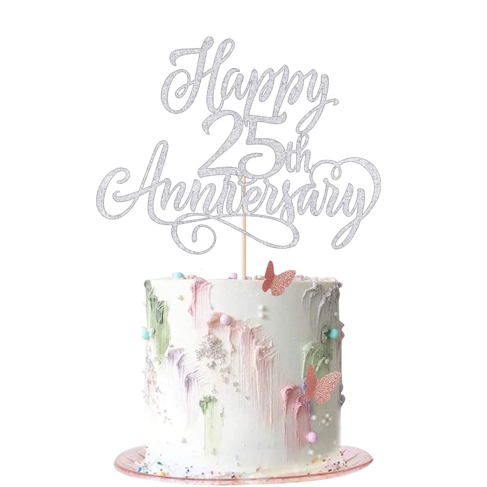 Arokippry Silver Glitter Happy 25Th Anniversary Cake Topper - Company Anniversary Party /25Th Birthday Party Decorations