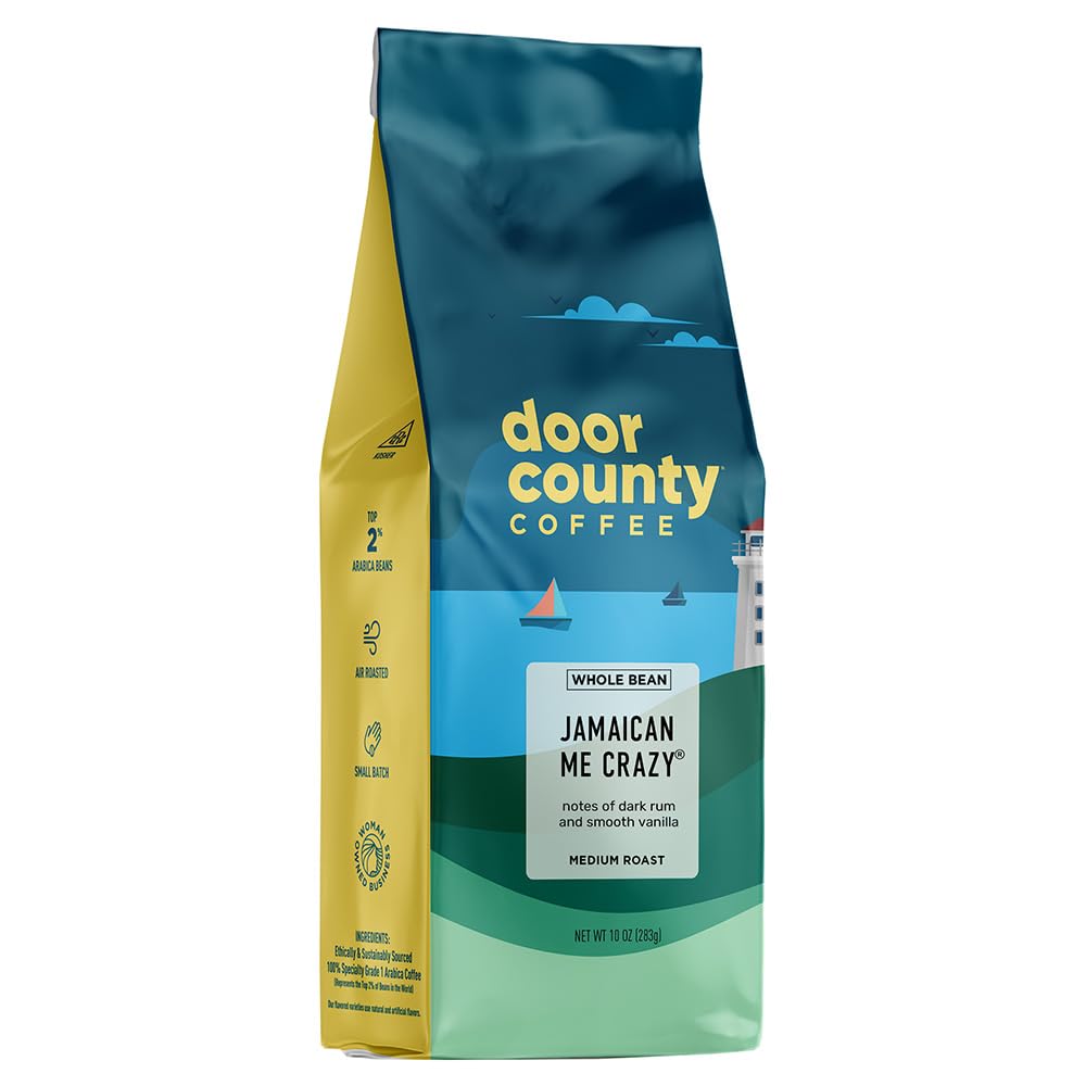 Door County Coffee Jamaican Me Crazy Flavored Whole Bean Coffee - Medium Roast - 10 oz Bag - 100% Specialty Arabica