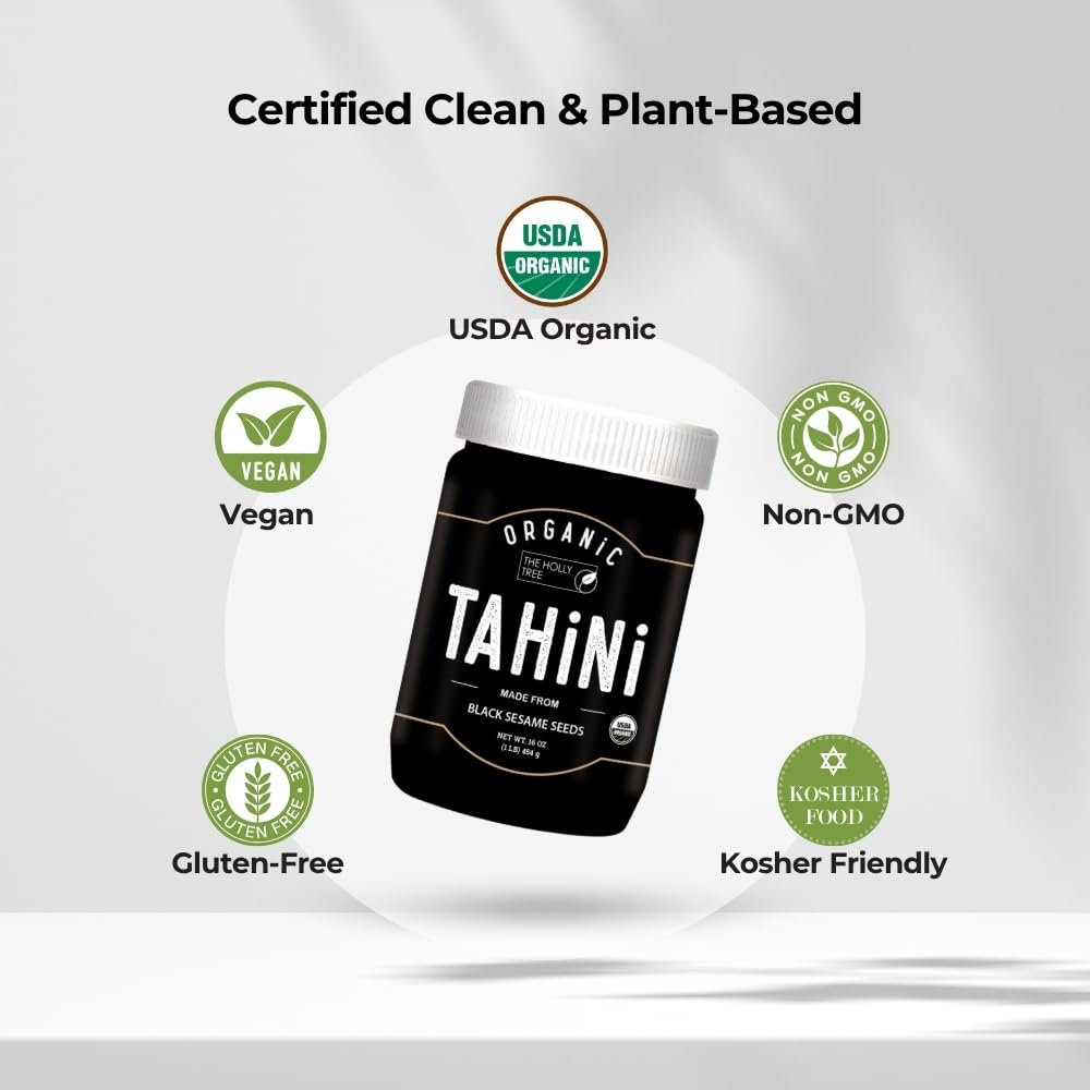 Organic Black Tahini Paste 16 oz (1lb) - Black Sesame Paste - USDA Certified  Kosher  Gluten Free Tahini Sauce - Creamy Tahini Organic with Hulled Sesame Seeds for Dressigns  Dips  Spreads & Hummus - The Holly Tree